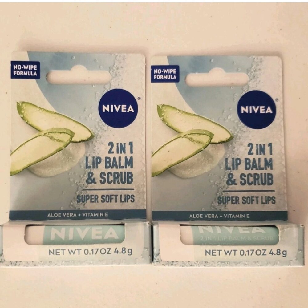 2-Pack Nivea 2-in-1 Lip Balm & Scrub Soft Lips Aloe Vera + Vitamin E 0.17 oz NIB